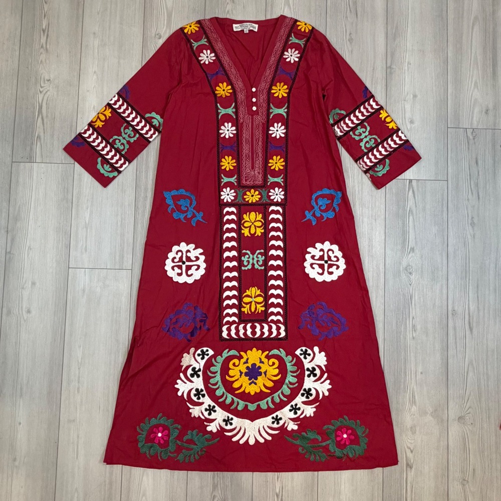 J Peterman Red Cotton Embroidered Kaftan Maxi Dress Boho Suzani Floral S/M